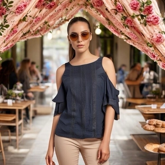 Ann Taylor Tops - Ann Taylor Women Blouse Navy Blue Cold Shoulder Crochet Lace Ruched Tiered Sleev